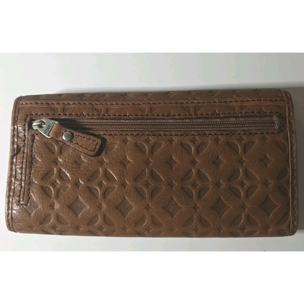Vintage Fossil Leather Wallet Brown Embossed Keyhole Snap Zip Y2K Boho